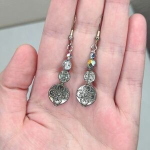 Silver Crystal Filigree Flower Earrings